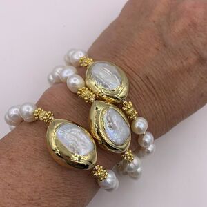 Bracelet, NWOT, real round pearls, real Keshi baroque pearls, 18 K gold